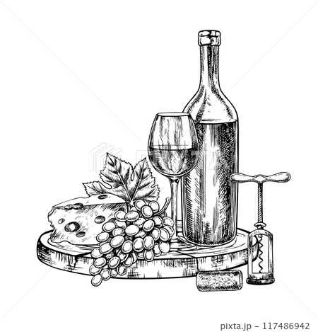 A bottle and a glass of wine with cheese and grapes. A graphic vector illustration drawn by hand. Isolate on a white background. For packages, labels. For banners and posters. For restaurants and bars 117486942