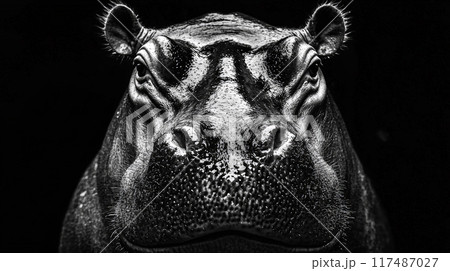 Dark black and white portrait of a frontal hippos head. Generative AI	 117487027
