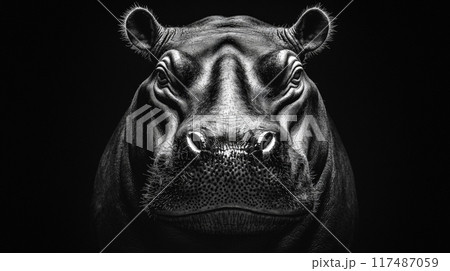 Dark black and white portrait of a frontal hippos head. Generative AI	 117487059