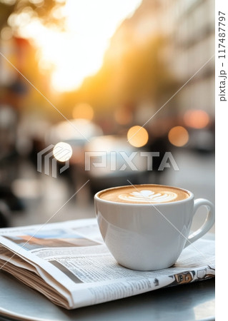 Cozy coffee cup on a table with a newspaper in a bustling city during a rainy day 117487797
