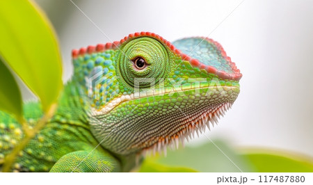 Close-up of a vibrant green lizard with detailed scales in studio lighting 117487880