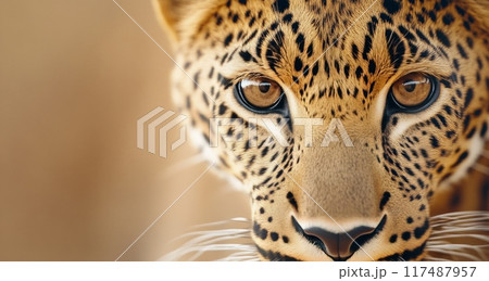 Close-up of a leopard staring intently in the lush jungle during golden hour 117487957