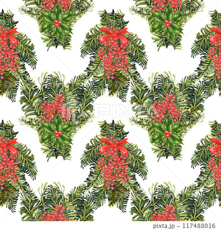 Seamless pattern of Christmas bouquet with green fir branches and holly berries. Watercolor botanical illustration isolated on white background. Template for fabric, textile, wrapping paper, wallpaper 117488016