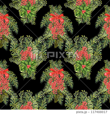 Seamless pattern of Christmas bouquet with green fir branches and holly berries. Watercolor botanical illustration isolated on black background. Template for fabric, textile, wrapping paper, wallpaper 117488017