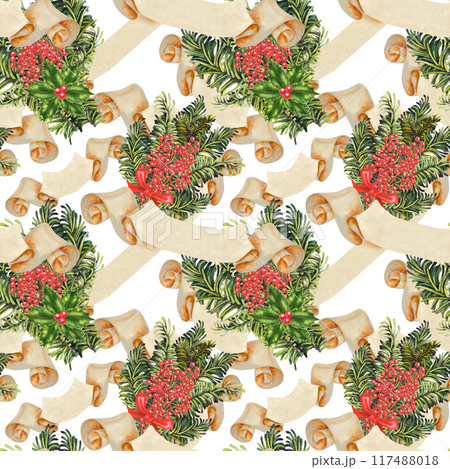 Seamless pattern of beige paper banner with Christmas green fir branches, holly berries. Watercolor botanical illustration isolated on white background. Vintage rolled up template for decorative text 117488018