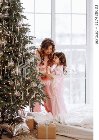 A woman and a child are standing in front of a Christmas tree 117488083