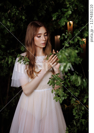 Young Woman Caucasian Woman Model in Long White Dress 117488110