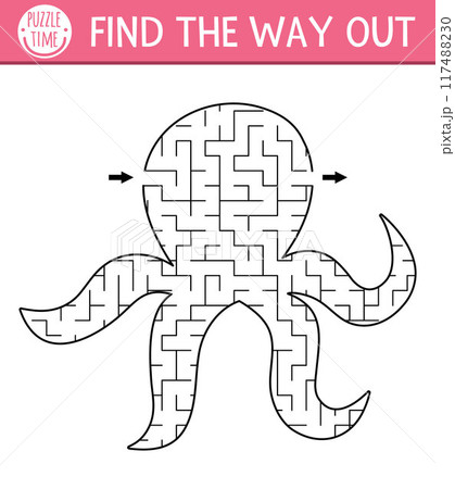 Under the sea or mermaid geometrical maze for kids. Ocean preschool printable activity. Octopus shaped labyrinth game. Simple underwater or sea life puzzle for children with water animal Under the sea or mermaid geometrical maze for kids. Ocean preschool printable activity. Octopus shaped labyrinth game. Simple underwater or sea life puzzle for children with water animal 117488230