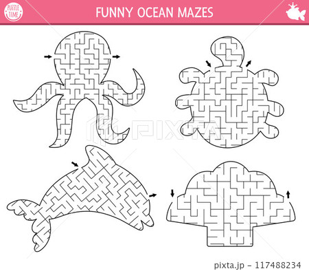 Under the sea, mermaid geometrical mazes collection for kids. Ocean printable activities set. Labyrinth games shaped as dolphin, octopus, turtle, seashell. Underwater puzzle with water animal 117488234