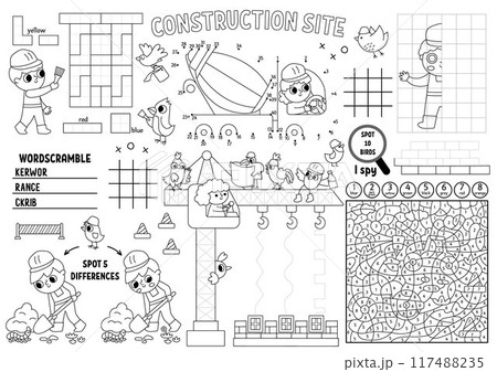 Vector construction site placemat for kids. Building works printable activity mat with maze, tic tac toe charts, connect the dots, find difference. Repair service black and white play mat, coloring 117488235
