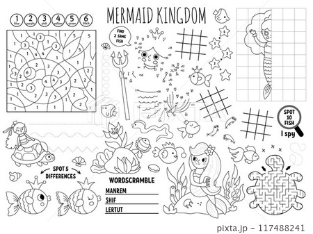 Vector mermaid placemat for kids. Ocean kingdom printable activity mat with maze, tic tac toe charts, connect the dots, find difference. Underwater princess black and white play mat, coloring page 117488241