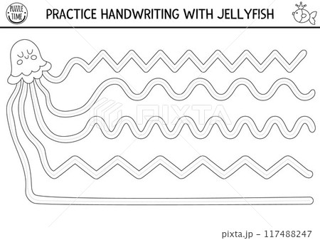 Vector handwriting practice worksheet with jellyfish and dashed line in tentacles. Ocean kingdom printable black and white activity for kids. Tracing game, coloring page for writing skills Vector handwriting practice worksheet with jellyfish and dashed line in tentacles. Ocean kingdom printable black and white activity for kids. Tracing game, coloring page for writing skills 117488247