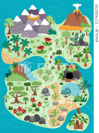 Vector empty ancient continent map. Dinosaur landscape illustration. Cute prehistoric scenery with mountains, forest, volcano. Funny detailed island scene with paths. Dino land picture for kids Vector empty ancient continent map. Dinosaur landscape illustration. Cute prehistoric scenery with mountains, forest, volcano. Funny detailed island scene with paths. Dino land picture for kids 117488258