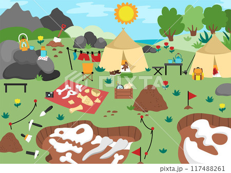 Vector paleontologists landscape illustration. Dinosaurs fossils and bones picture. Cute empty scene with prehistoric animal dig. Dino archaeologists camp scenery with tent, artefacts, tools Vector paleontologists landscape illustration. Dinosaurs fossils and bones picture. Cute empty scene with prehistoric animal dig. Dino archaeologists camp scenery with tent, artefacts, tools 117488261