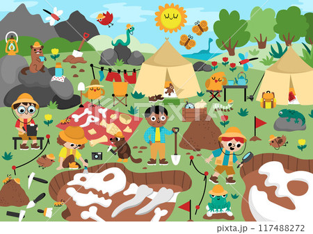Vector landscape illustration with paleontologists digging dinosaurs fossils and bones. Cute scene with prehistoric animal scientist on the dig. Dino archaeologists camp scenery with funny animals Vector landscape illustration with paleontologists digging dinosaurs fossils and bones. Cute scene with prehistoric animal scientist on the dig. Dino archaeologists camp scenery with funny animals 117488272