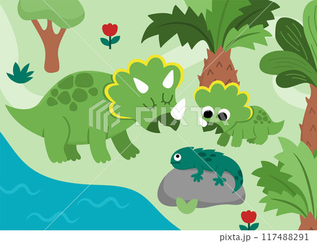 Vector horizontal scene with triceratops and his baby looking at lizard. Dinosaur landscape illustration. Cute mom and baby prehistoric scenery with forest, palm trees, river. Funny dino scene for 117488291