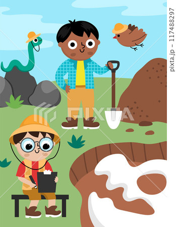 Vector landscape illustration with paleontologists digging dinosaurs fossils and bones. Cute scene with prehistoric animal scientist on the dig. Dino archaeologists scenery with funny boys, bird, Vector landscape illustration with paleontologists digging dinosaurs fossils and bones. Cute scene with prehistoric animal scientist on the dig. Dino archaeologists scenery with funny boys, bird, 117488297