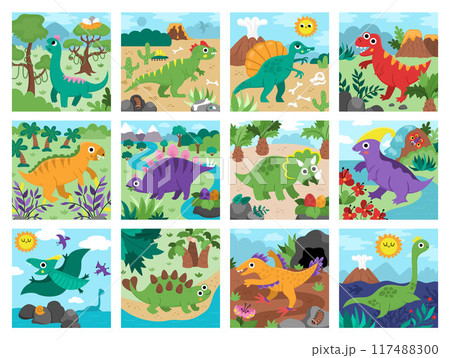 Vector dinosaur square scenes collection Dino landscape illustration pack for kids. Cute prehistoric scenes set with Spinosaurus, Velociraptor, Pterodactyl, Stegosaurus, Triceratops, T-Rex 117488300