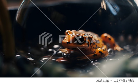 Close up of orange black spotted strawberry poison dart frog Fascinating amphibian in nature wildlife. 117488469