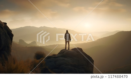 An adventure man or a hiker standing in a high mountain peak watching the sunrise in the misty morning. 117488470