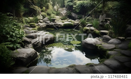 Landscape of beautiful calm fish pond area full with verdant nature, serene green tree, peaceful and tranquil scene. 117488481
