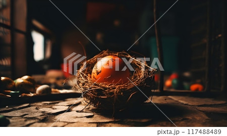 An orange egg in a bird nest indoor as easter concept. An orange egg in a bird nest indoor as easter concept. 117488489