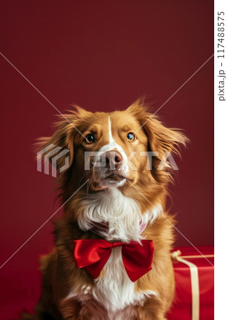 A dog wearing a red bow is sitting on a wooden floor next to presents A dog wearing a red bow is sitting on a wooden floor next to presents 117488575