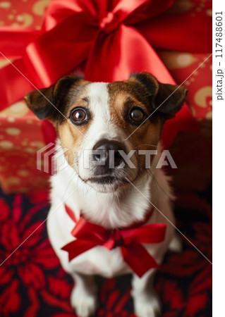 A dog wearing a red bow is sitting on a wooden floor next to presents A dog wearing a red bow is sitting on a wooden floor next to presents 117488601