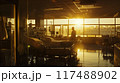 Hospital room illuminated by the sunset,featuring a person and medical equipment 117488902