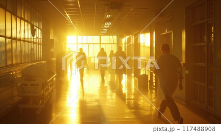 Silhouetted Figures in a Sunsetlit Hospital Hallway, Creating a Calm Atmosphere Silhouetted Figures in a Sunsetlit Hospital Hallway, Creating a Calm Atmosphere 117488908
