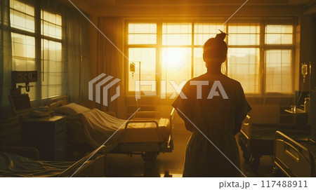In a sunlit hospital room, a figure gazes out at the golden light 117488911