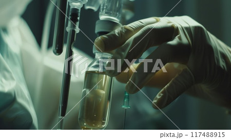 Closeup showing a medical professional adjusting an IV drip in hospital setting 117488915