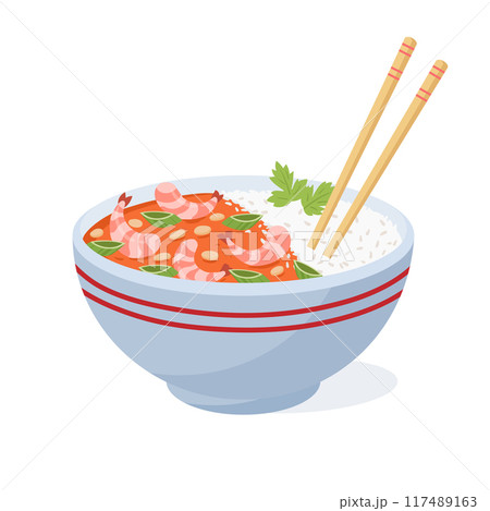 Asian food bowl. Korean or Japanese dish with rice and shrimps, traditional asian cuisine flat vector illustration. Cartoon tasty asian dish 117489163