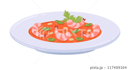 Asian tom yam soup. Delicious Japanese cuisine dish, traditional food, seafood plate with shrimps flat vector illustration. Cartoon tasty asian dish 117489164