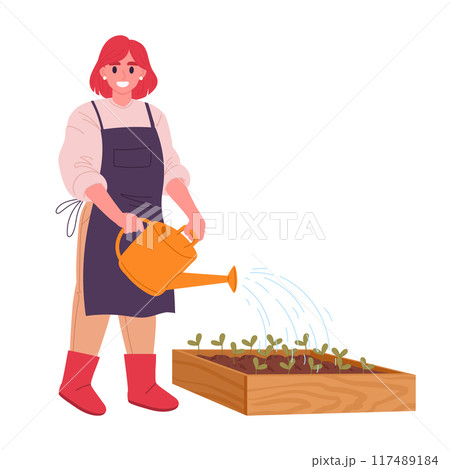 Female farmer watering plants. Woman work with plants and vegetables, gardener agriculture work flat vector illustration. Cartoon farm work scene 117489184