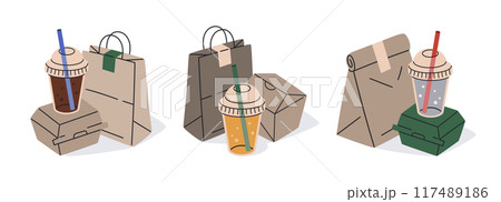 Food delivery containers. Takeaway fast food disposable containers, carton boxes, paper bags and plastic cups for cold or hot drinks flat vector illustration set. Food delivery packaging 117489186