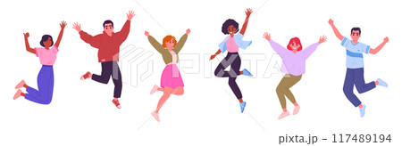 Jumping people. Happy celebrating characters jumping for joy, dancing positive people group flat vector illustration set. Cheerful men and women in motion 117489194