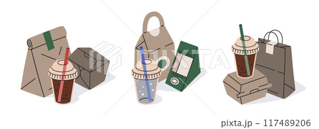 Takeaway food disposable packaging. Fast food delivery containers, paper bags, boxes and plastic cups for drinks flat vector illustration set. Food delivery containers Takeaway food disposable packaging. Fast food delivery containers, paper bags, boxes and plastic cups for drinks flat vector illustration set. Food delivery containers 117489206