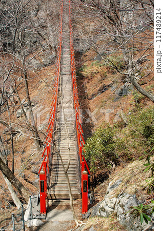 小中川に架かる紅色をした世にも珍しい階段式の吊り橋 117489214
