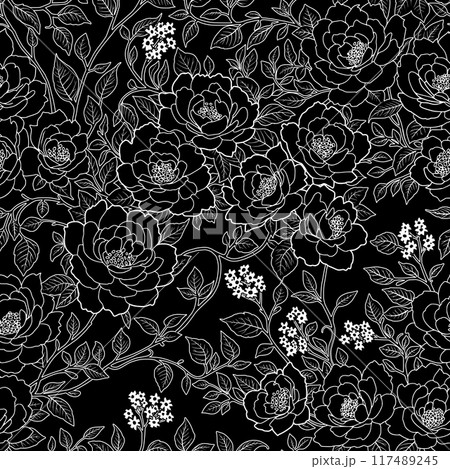 Floral Seamless Pattern of Roses Flowers and Leaves in Line Art style, White Outline on Black Background. Wallpaper Design for Textiles, Papers, Prints, Beauty Products. 117489245