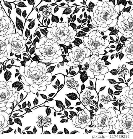 Floral Seamless Pattern of Roses Flowers and Leaves in Black Graphic on White Background in Chinoiserie Style. Hand Drawn Art. Wallpaper Design for Textiles, Papers, Prints, Fashion, Beauty Products. Floral Seamless Pattern of Roses Flowers and Leaves in Black Graphic on White Background in Chinoiserie Style. Hand Drawn Art. Wallpaper Design for Textiles, Papers, Prints, Fashion, Beauty Products. 117489253