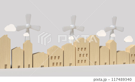 The Eco fan wind and house wood for generator electric for energy or ecology concept 3d rendering. The Eco fan wind and house wood for generator electric for energy or ecology concept 3d rendering. 117489340