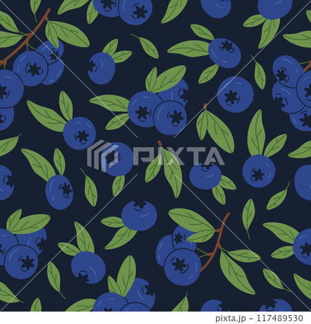 Blueberry branches seamless pattern. Juicy blueberries on twig endless design, fresh edible berries for healthy nutrition flat vector background illustration. Delicious forest berries pattern 117489530