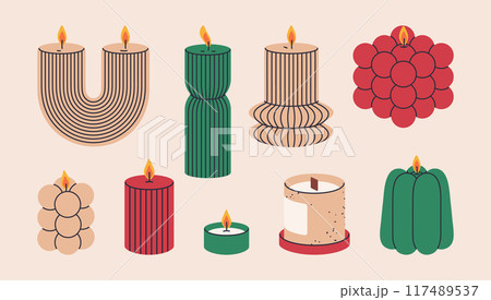 Christmas candles. Cartoon xmas decor burning candles, winter holidays wax candles with Christmas decorations, Noel home interior decor flat vector illustration set. Xmas candles collection Christmas candles. Cartoon xmas decor burning candles, winter holidays wax candles with Christmas decorations, Noel home interior decor flat vector illustration set. Xmas candles collection 117489537