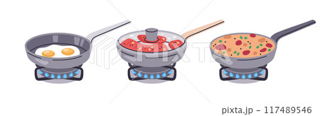 Frying pan with dishes. Meat, eggs and vegetable stew in frying pans, cooking morning breakfast and dinner on non-stick frying pan flat vector illustration set. Food preparation Frying pan with dishes. Meat, eggs and vegetable stew in frying pans, cooking morning breakfast and dinner on non-stick frying pan flat vector illustration set. Food preparation 117489546