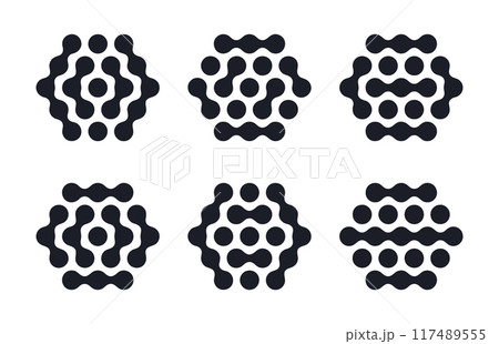 Metaball hexagon shapes. Abstract spotted graphic design elements, connected liquid molecule figures flat vector illustration set. Modern metaball icons 117489555