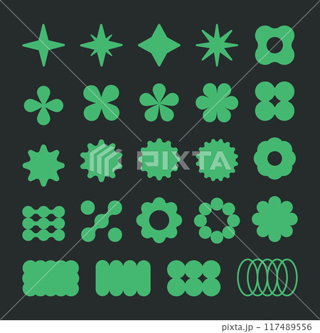Modern brutalism shapes. Geometric contemporary y2k figures, bauhaus graphic elements, star, circle and flower shapes flat vector Illustration set. Abstract design shapes collection 117489556