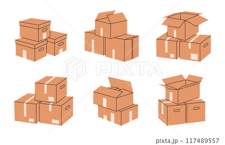 Moving boxes. Stacked cardboard boxes, cargo warehouse box piles, delivery containers stack flat vector illustration set. Hand drawn boxes collection Moving boxes. Stacked cardboard boxes, cargo warehouse box piles, delivery containers stack flat vector illustration set. Hand drawn boxes collection 117489557