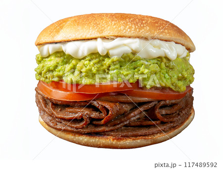 CHILEAN FOOD. Sandwich Churrasco italiano on colors of italian flag. Popular sandwich with round bread, beef, avocado guacamole, tomatoes and mayonnaise CHILEAN FOOD. Sandwich Churrasco italiano on colors of italian flag. Popular sandwich with round bread, beef, avocado guacamole, tomatoes and mayonnaise 117489592