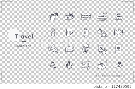 Tourism and travel icon set (vehicles, cameras, brochures, hotels, weather, restaurants, etc.) 117489595